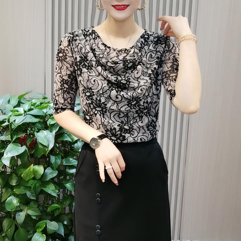 Áo Lớp Nền In Cao Cấp Mùa Hè, Áo Sơ Mi Lưới Co Giãn Phong Cách Phương Tây Của Mẹ, Ngoại Cỡ, Dáng Rộng Vừa Vặn, Có Túi, Cổ Bẻ, Bó Sát, Thanh Lịch, Năm 2024 Nữ Women 0