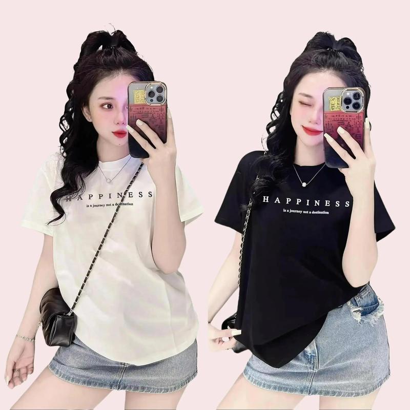 Áo Thun Thái Nữ [Mã A05] Form Vừa 40~60kg, Cotton Mềm Mịn Mát [Happy Ness] Top Cổ Tròn Women Màu Đen Red Vintage