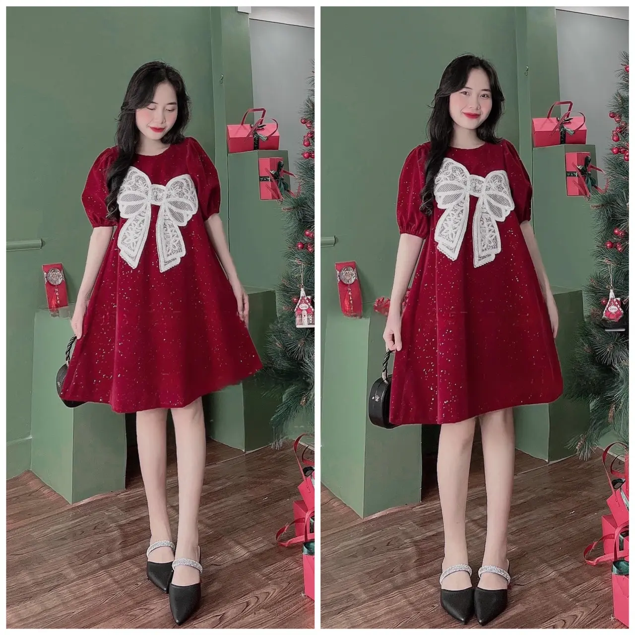 Váy đầm dáng xòe babydoll chất nhung kim tuyến phối bản nơ to cực xinh xắn váy  tiệc