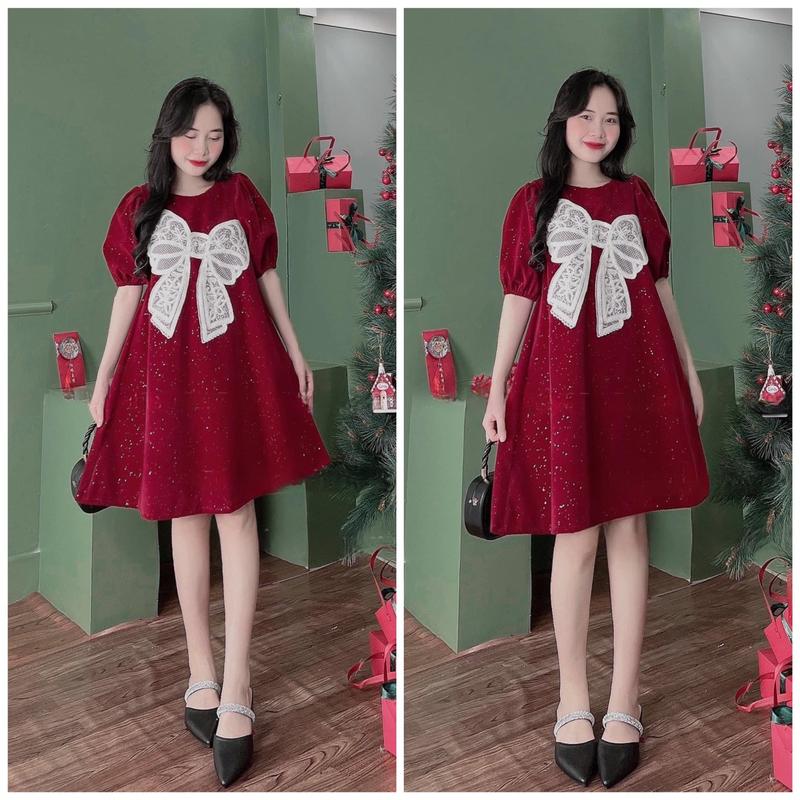 Váy đầm dáng xòe babydoll chất nhung kim tuyến phối bản nơ to cực xinh xắn váy tiệc