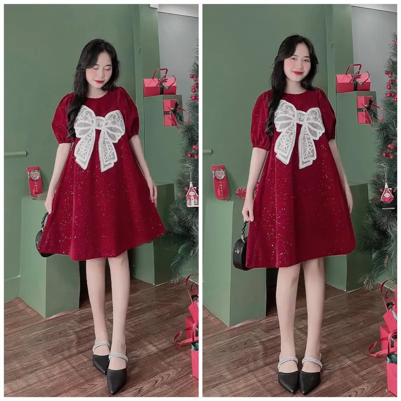 Váy đầm dáng xòe babydoll chất nhung kim tuyến phối bản nơ to cực xinh xắn váy  tiệc 0
