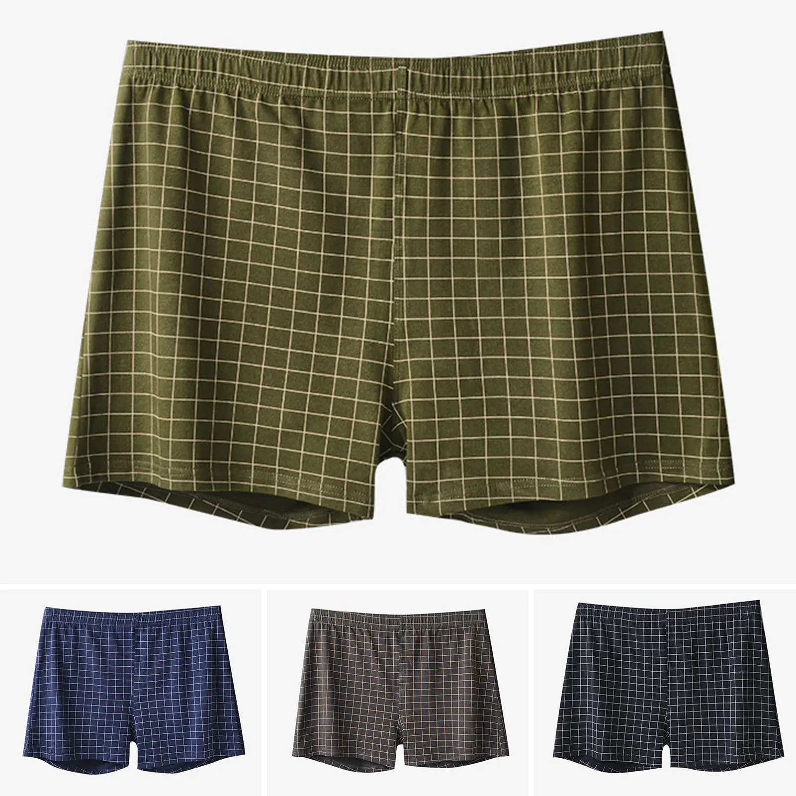 [AHN]Men Shorts Underwear Elastic Waistband Mid-rise Boxers Briefs Plaid Print U-Convex Loose Fit Panties Homewear