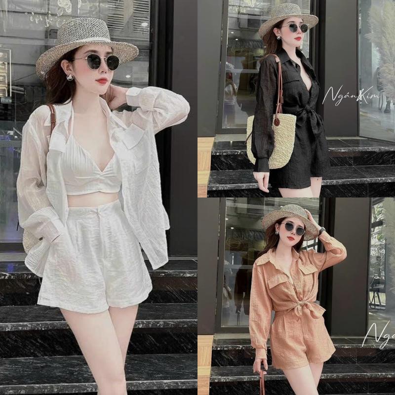 Set Bộ 3 Món Đi Biển Áo Lót 2 Dây [Có Mút] Kèm Áo Khoác Tay Dài Kèm Quần Đùi Xinh Xắn. Nữ Top Women