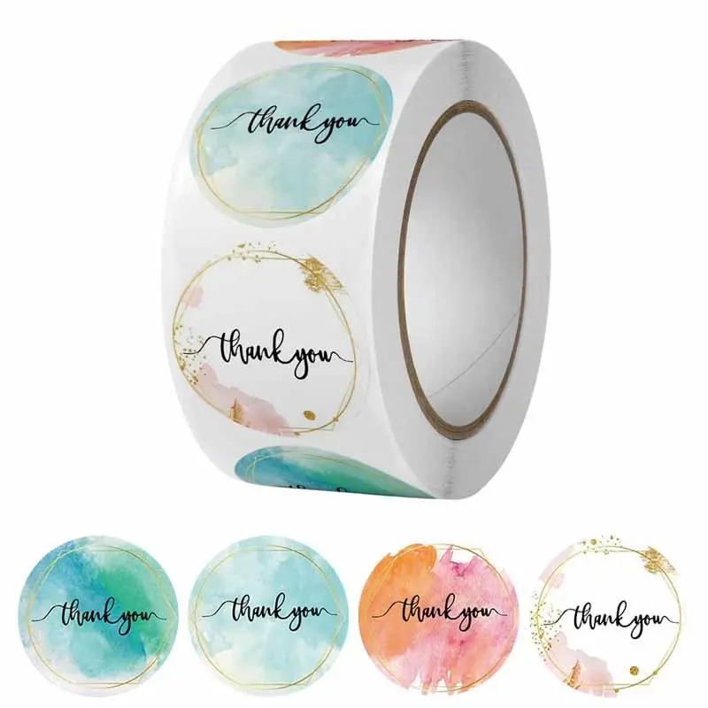 Watercolor Thank You Sticker, 500pcs/roll Round Self Adhesive Sticker, Decorative Sticker for Gift Greeting Card Envelope Water Bottle 0