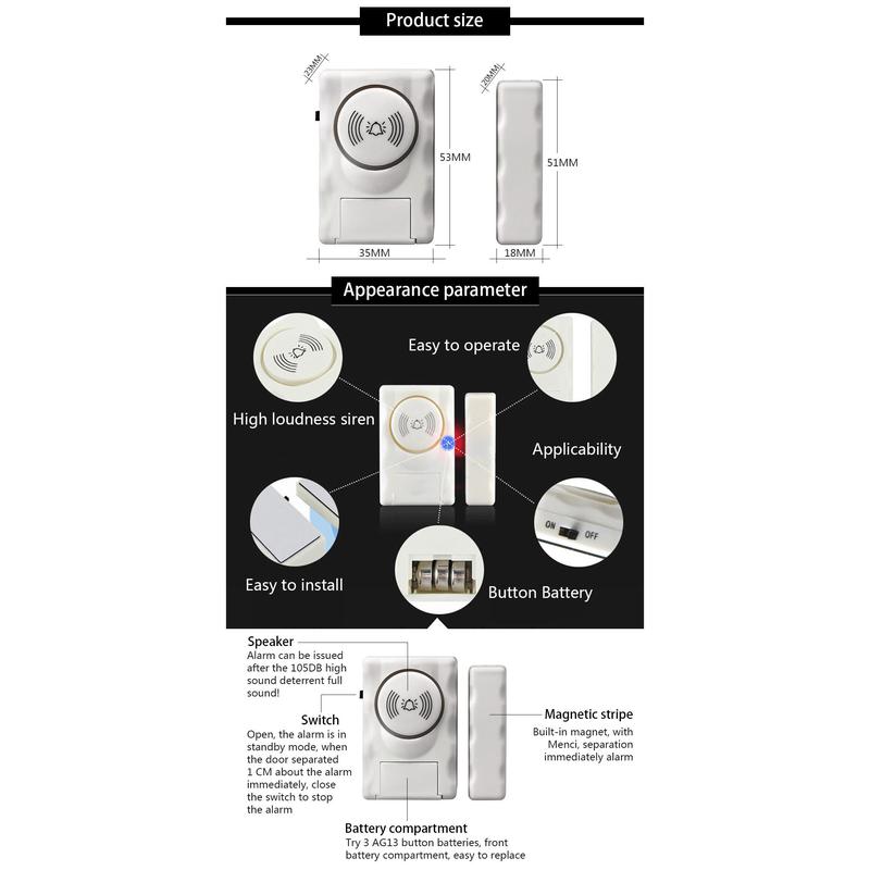 Fuers Wireless Home Security Door Window Alarm Warning System Magnetic Door Sensor Independent Alarm Wireless Open Door Detector 8