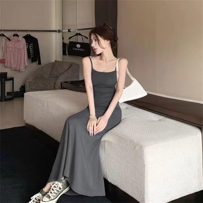Product Introduction of Summer Dress Hot Girl Elastic Strap Dress Women Sleeveless Off-Shoulder Waist-Cinching One-Shoulder Base Long Dress 15