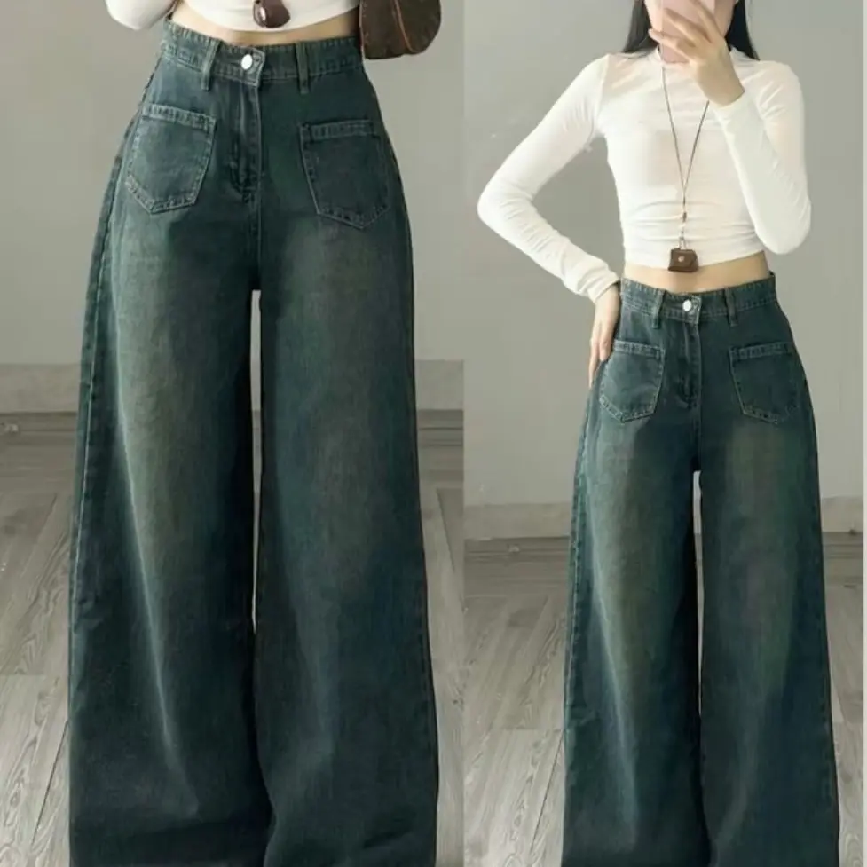 QUẦN JEANS ỐNG RỘNG,QUẦN JEAN GẤU LAI TÚI VUÔNG CẠP CAO HÁCH DÁNG PHONG CÁCH MỚI LẠ MẪU MỚI HOTTREND