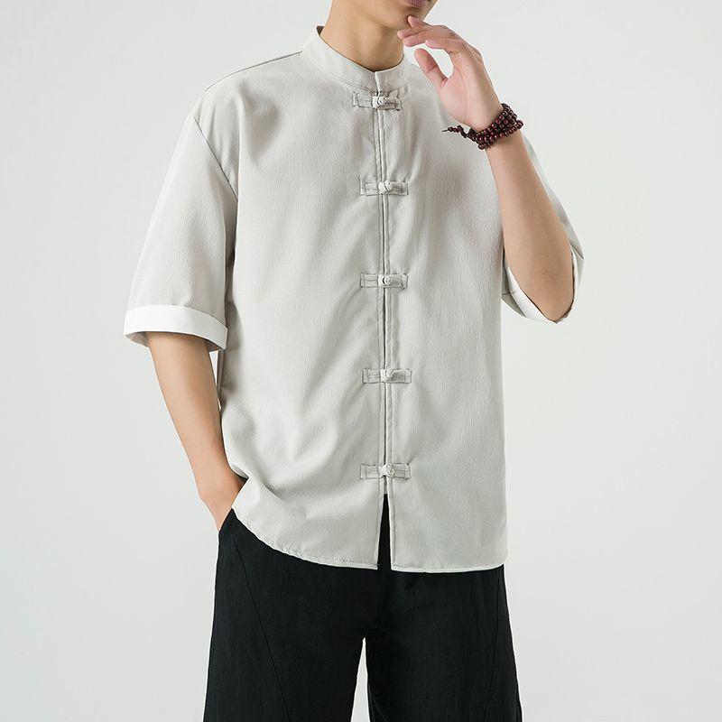 Product Introduction of Men's Shirt, Tang Suit Shirt, Chinese Style, Tai Chi Clothing, Kung Fu Clothing, Linen Thin Stand Collar Buttoned Zhongshan Suit Menswear Top chinese man red shirt chinese fashion outfit Lingerie Beige 21