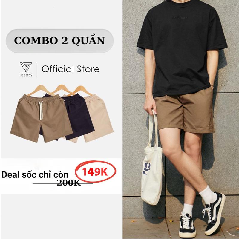 COMBO 2 Quần Short Kaki VINTINO Form Đùi Cộc Vải Kaki Gió Cạp Chun Menswear Nam Có Túi