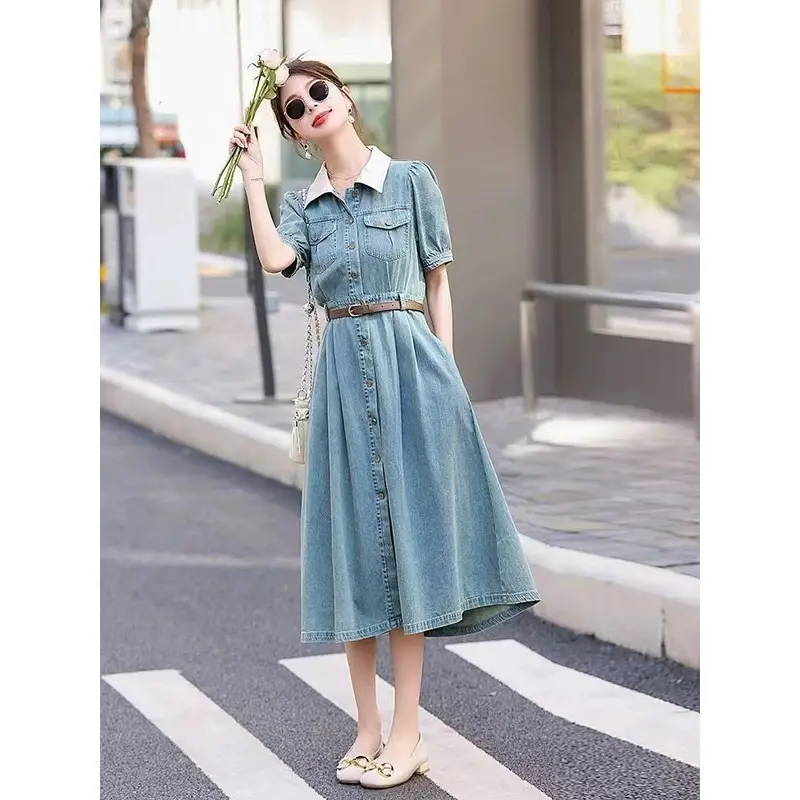 Đầm Denim, Phong Cách Cổ Điển, ngắn Tay, Dành Cho Nữ, Mỏng, Thích Hợp Cho Mùa Hè 4