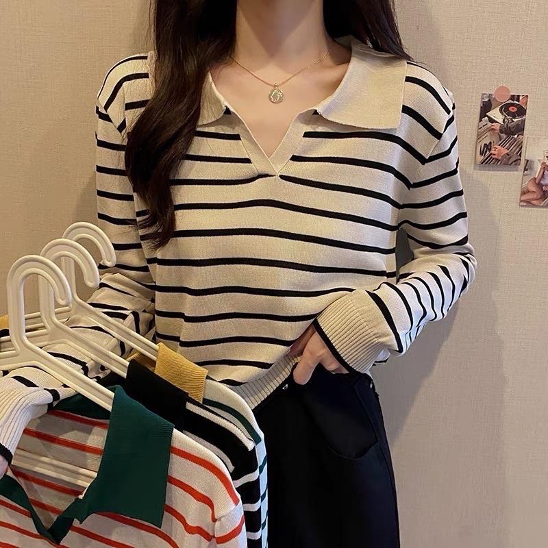 Áo len mongtoghi polo dài tay nữ kẻ sọc ngang kiểu cổ V len dệt kim hàng Quảng Châu cao cấp trẻ trung