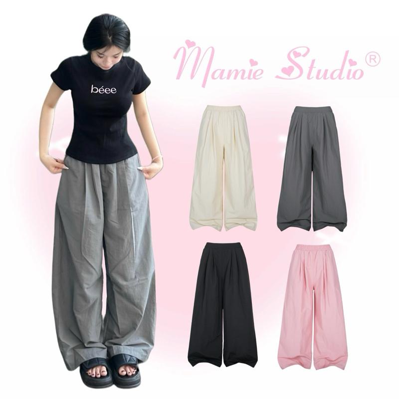 MaMie Studio - Quần gió nhăn ống suông đứng form, ống rộng, vải gió mỏng nhẹ thoáng mát