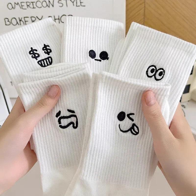 Product Introduction of 5pairs Cute Emotional Expressions Women's Sock White Kawaii Stocking Embroidered Mid Length Socks Breathable Sports Sox 10