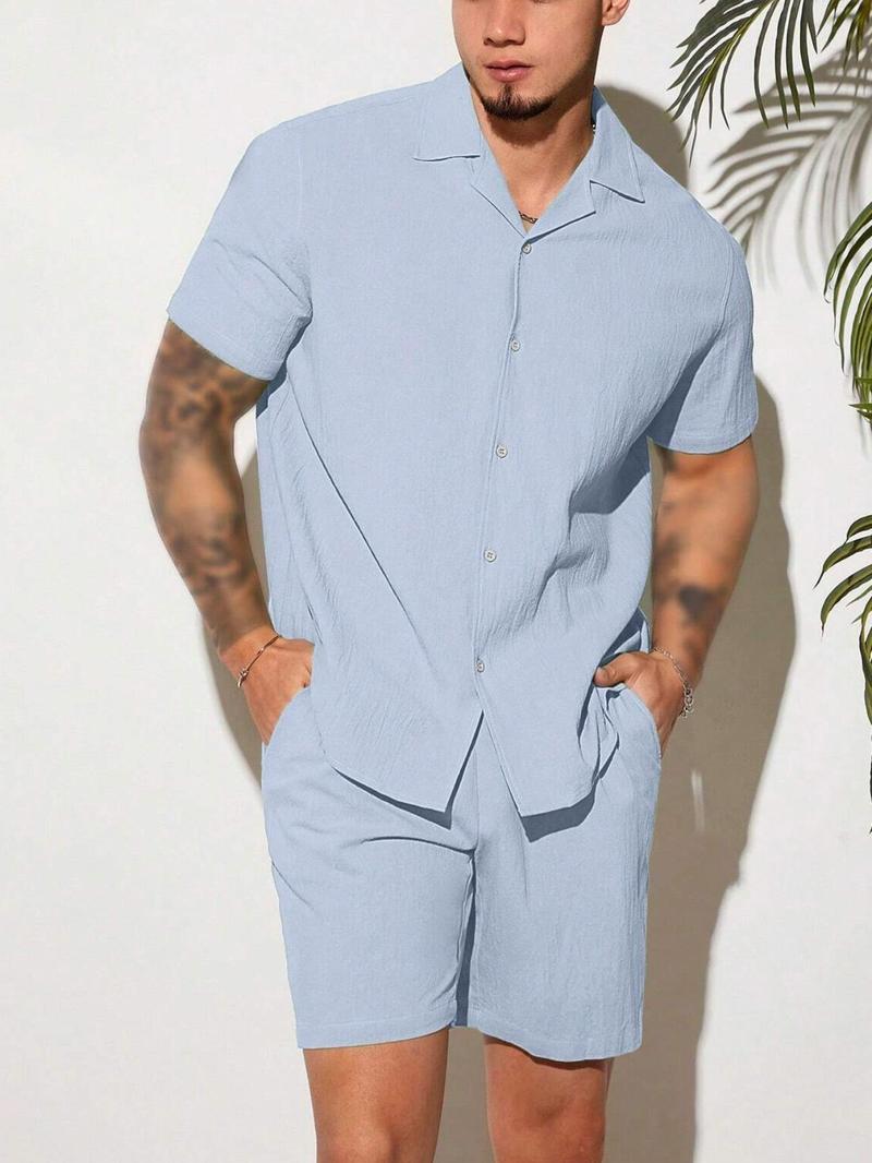 Product Introduction of Men's Solid Button Front Shirt & Drawstring Waist Shorts Set, Regular Fit Short Sleeve Lapel Neck Top & Pocket Design Shorts, Casual Fashion Cozy Breathable Men Two-piece Outfits for Summer, Clothing 4