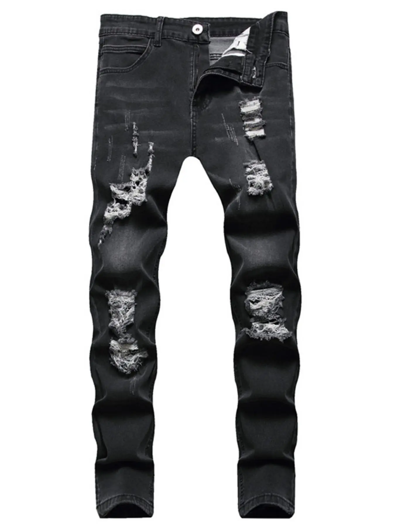 Men's Solid Color Ripped Straight Leg Jeans, Street Fashion Casual Comfy Denim Pants for Daily Wear, Men's Trousers for Spring & Fall, Cotton