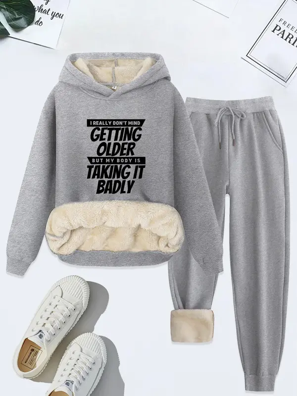 Women's Letter Print Thermal Lined Sweatshirt & Drawstring Waist Sweatpants Two-piece Set, Casual Long Sleeve Hoodie & Pocket Jogger Pants, Women's Fall & Winter Clothes 0
