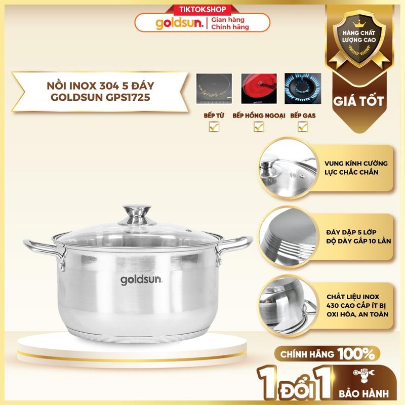Nồi inox 5 đáy Goldsun GPS1725 đáy từ 5 lớp sử dụng trên mọi loại bếp - Kích thước 16cm/20cm/24cm