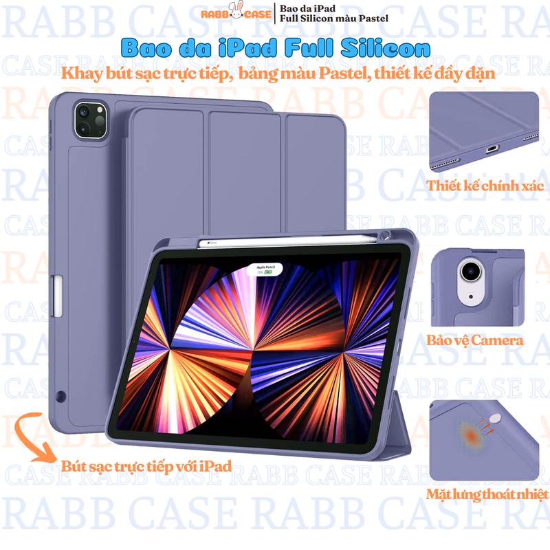 Bao da iPad Full Silicon, khay đựng bút bên phải, màu Pastel, mặt lưng silicon không ố vàng, góc chống sốc bảo vệ máy