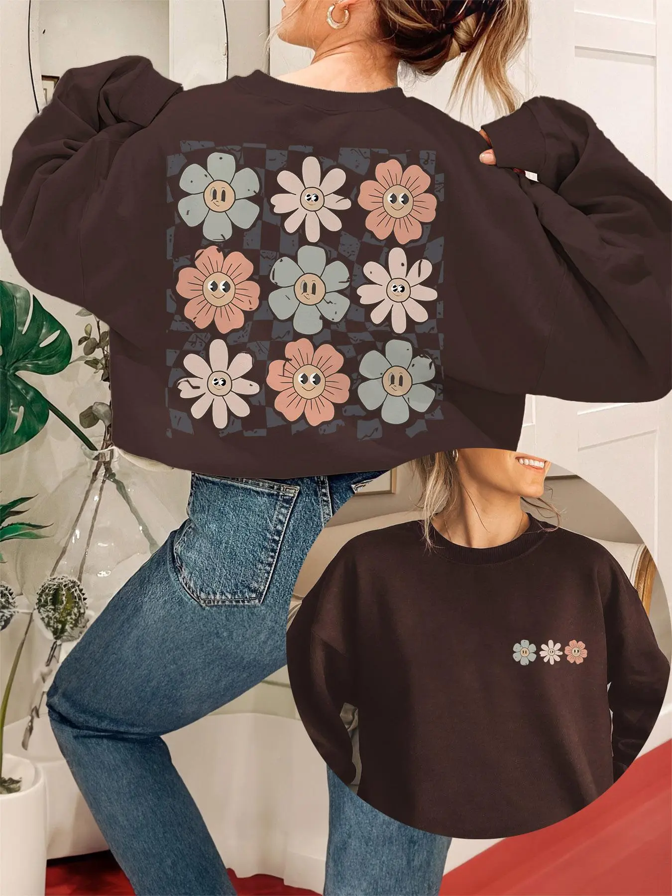 Women's Floral Print Drop Shoulder Sweatshirt, Casual Long Sleeve Round Neck Pullover for Fall & Winter, Women's Clothes for Daily Wear