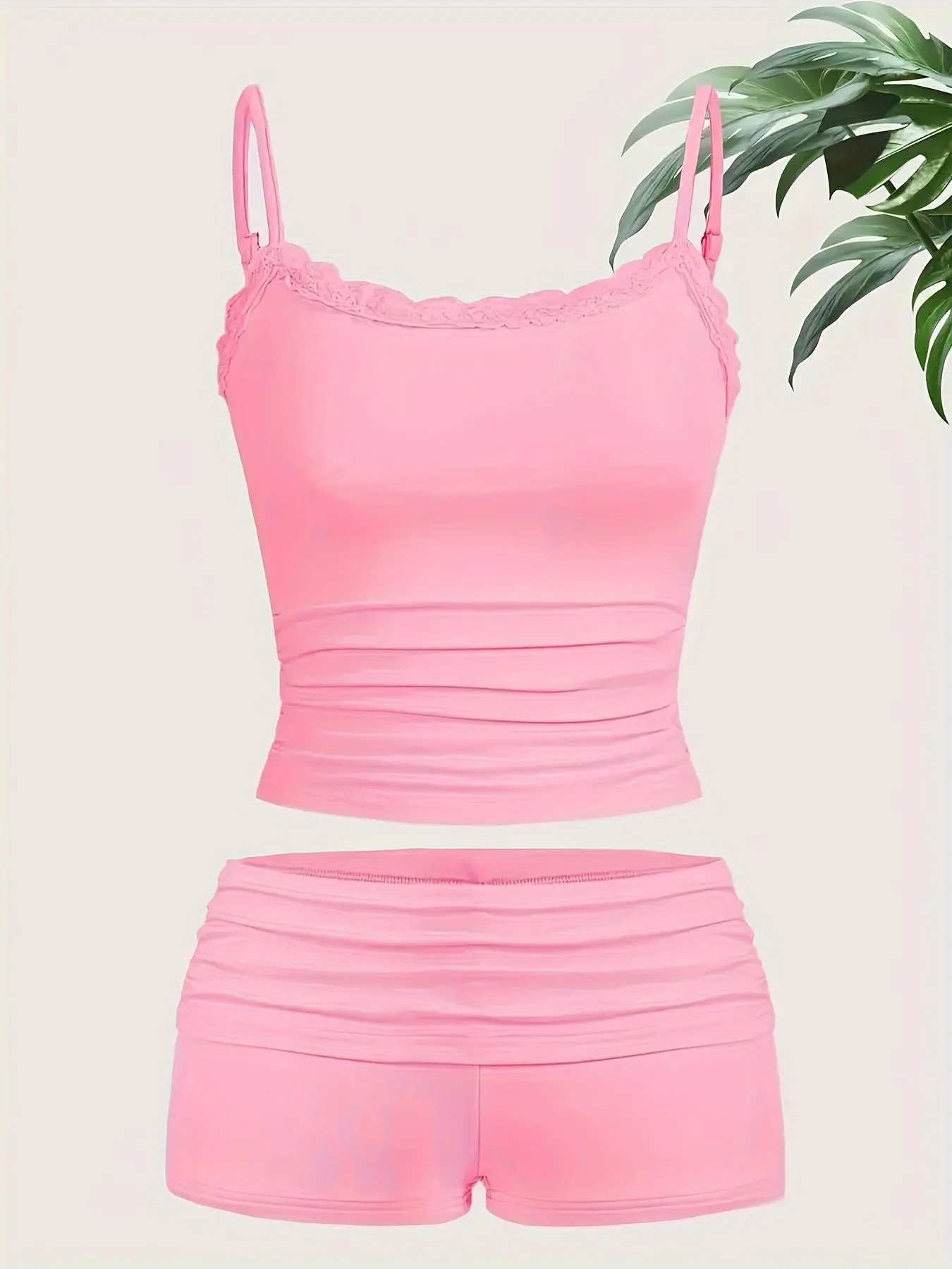 Women's Solid Ruched Cami Top & Contrast Lace Shorts Two-piece Set, Casual Spaghetti Strap Sleeveless Top & Skinny Shorts, Ladies Summer Outfits Valentine's Day, gift