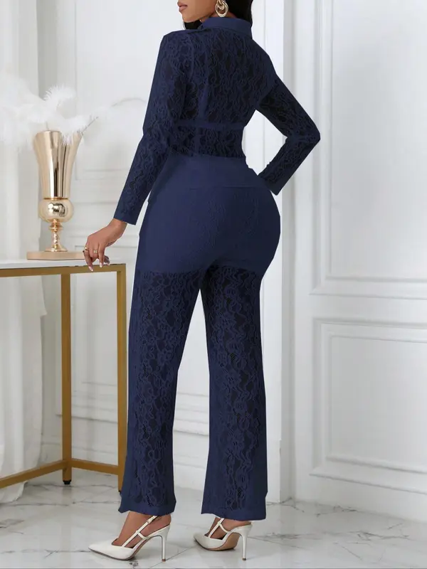 Women's Floral Lace Button Front Pocket Jacket & High Waist Pants Set, Elegant Sheer Long Sleeve Collared Top & Straight Leg Pants for Vacation Holiday Party, Ladies Clothes for All Seasons, Sassyclassyclothing, Co-ord Sets for Women 7