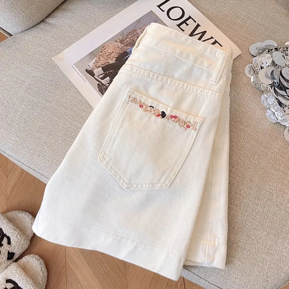 Quần Short Denim Thêu Màu Trắng, Dành Cho Nữ, Bộ Sưu Tập Mùa Hè Mới, Cạp Cao, Bó Sát, Dễ Phối Đồ, Dáng Rộng Vừa Vặn, Ống Rộng Thẳng, Quần Nóng Bỏng Ong Women Pants Jeans