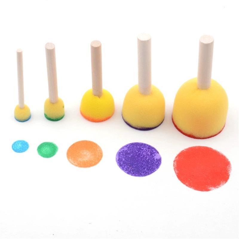 5pcs/set Random Color Kids Sponge Stamp Brush Kit, Paint Learning Sponge Brush, Print Pattern Brushes with Wooden Handle, Art Supplies, DIY Kit, Craft Supplies 6