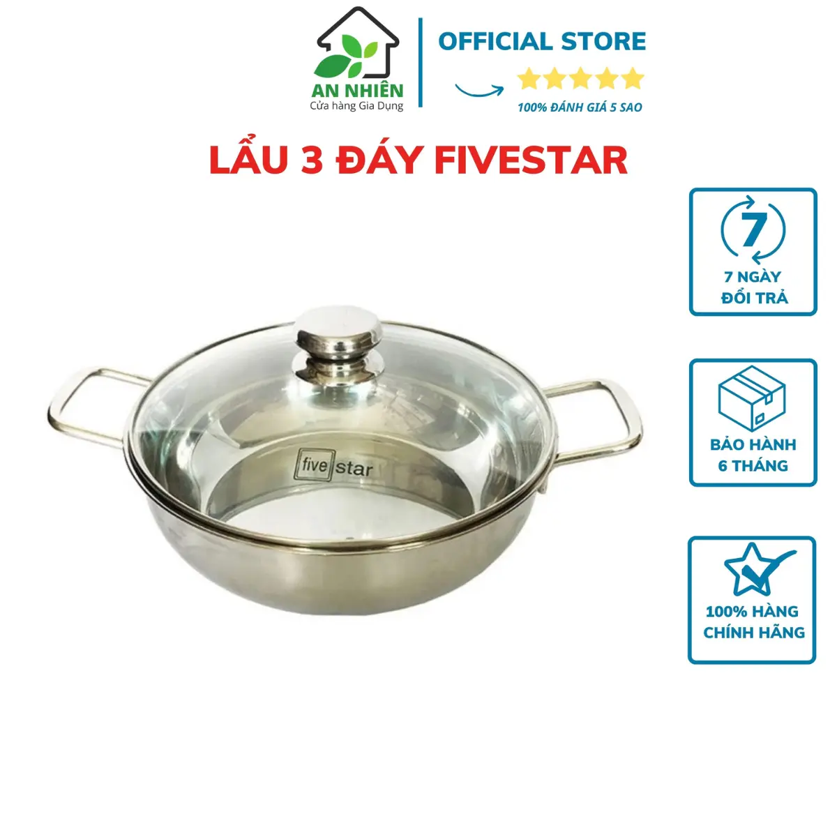 Nồi lẩu inox 430 cao cấp Fivestar Standard nắp kính, 3 đáy Size 24/ 26/28(cm), dùng được mọi bếp , hàng chính hãng , bảo hành 5 năm|GiadụngAnNhiên