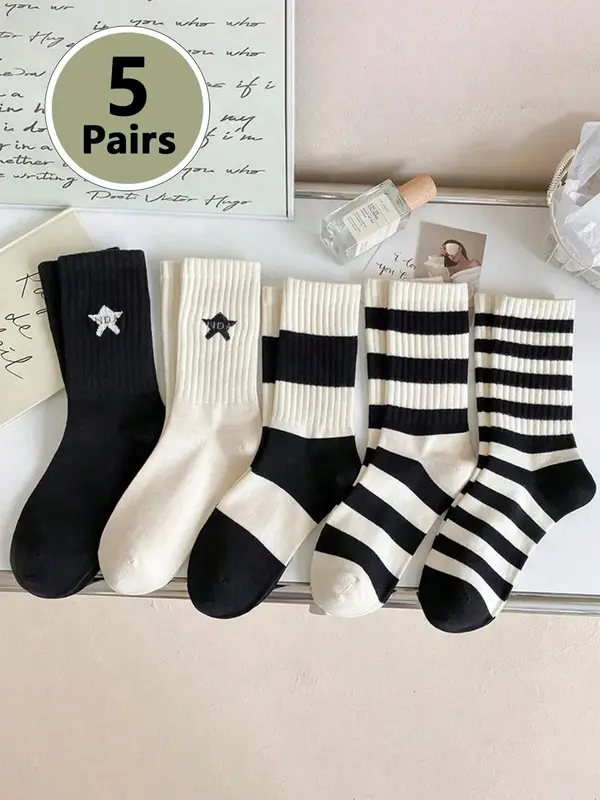 Women's 5 Pairs Colorblock Stripped & Star Print Crew Socks, Casual Moisture Wicking Socks, Soft Comfy Breathable Socks for All Seasons Daily Wear, Socks for Women, Crew Socks Women, Matching Set 0