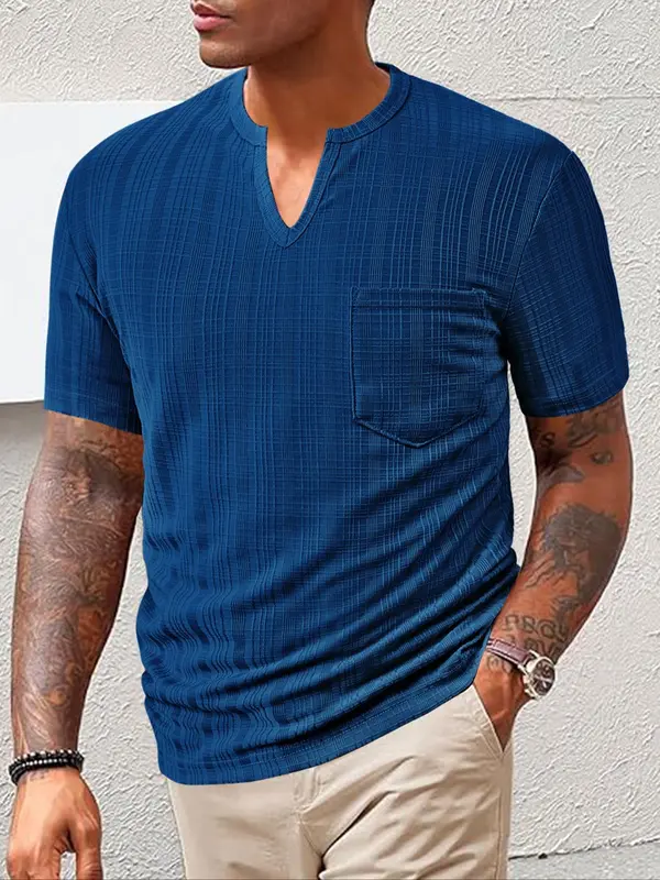 Men's Regular Fit Solid Notched Neck Tee, Casual Comfy Short Sleeve T-shirt for Summer, Fashion Men's Top for Daily Wear 5