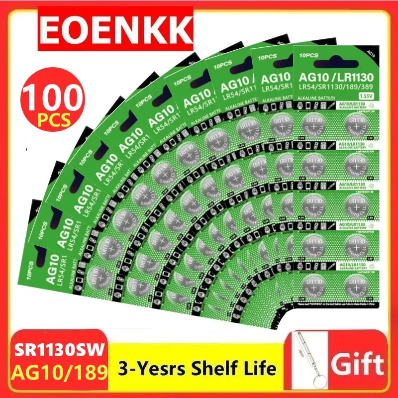100 pcs AG10 1.55 V LR1130 389A 198LR54 189 LR54 Alkaline Battery Pack SR54 389 189 For Computer Watches