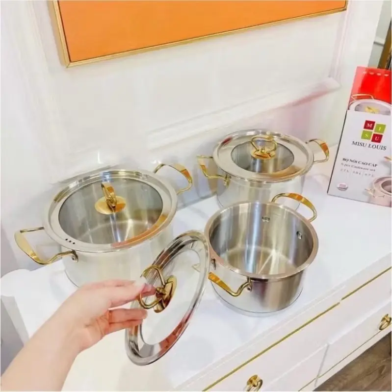 Bộ 3 Nồi Misu Louis Inox 304 Cao Cấp - Bộ Nồi Inox đáy 3 Lớp Nguyên Khối Sử Dụng Cho Mọi Loại Bếp