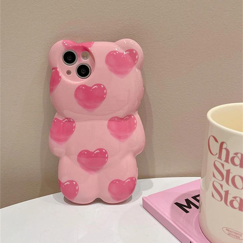 Ốp Điện Thoại Hình Gấu 3D Trái Tim Màu Hồng, Phong Cách Hàn Quốc, Dành Cho iPhone 15 14 13 12 11 Pro Max, Ốp Mềm Chống Sốc Silicon Sành Điệu, Funda 4