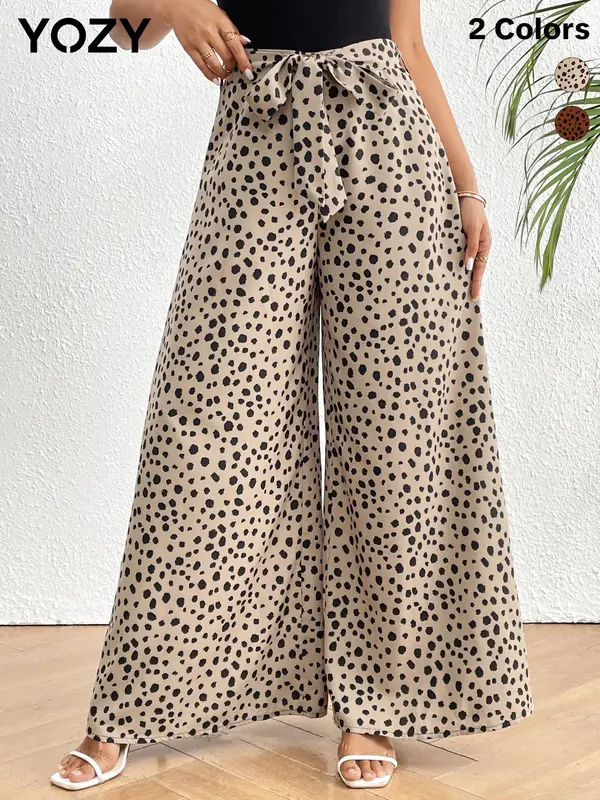 YOZY Polka Dot Print Zipper Back Wide Leg Pants, Elegant High Waist Belted Trousers, 2024 Women's All Seasons Outfits for Beach, Holiday, Vacation 0
