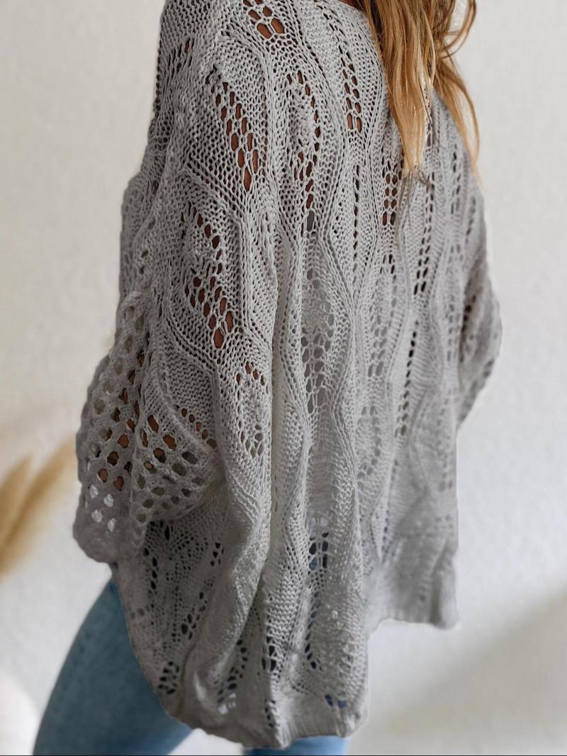 Product Introduction of Women's Plain Hollow Out Sweater, Boho Casual Long Sleeve Round Neck Jumper for Spring & Fall, Fashion Women's Knitwear for Daily Wear, Elegant Going Out Tops 4