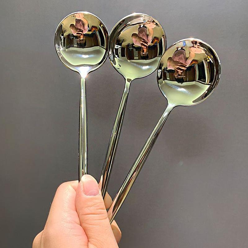 Product Introduction of Stainless Steel Round Spoon Fork Net Red Golden Dinner Long Handle Stirring Dessert Spoons For Kitchen Accessories Gadgets 19