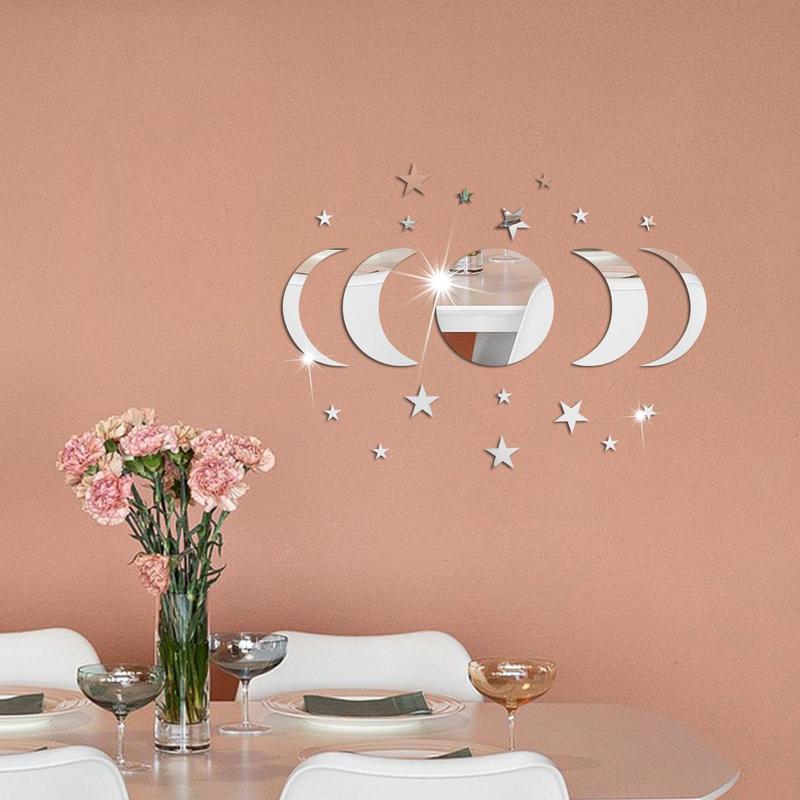 Star & Moon Pattern Mirror Decorative Wall Tiles Sticker, 1 Set Self Adhesive Wall Decor, Decor Sticker for Home Bedroom Living Room 8