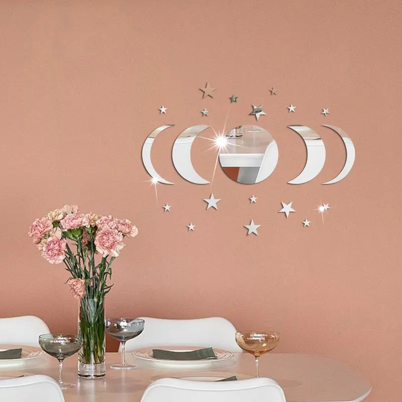 Star & Moon Pattern Mirror Decorative Wall Tiles Sticker, 1 Set Self Adhesive Wall Decor, Decor Sticker for Home Bedroom Living Room 8