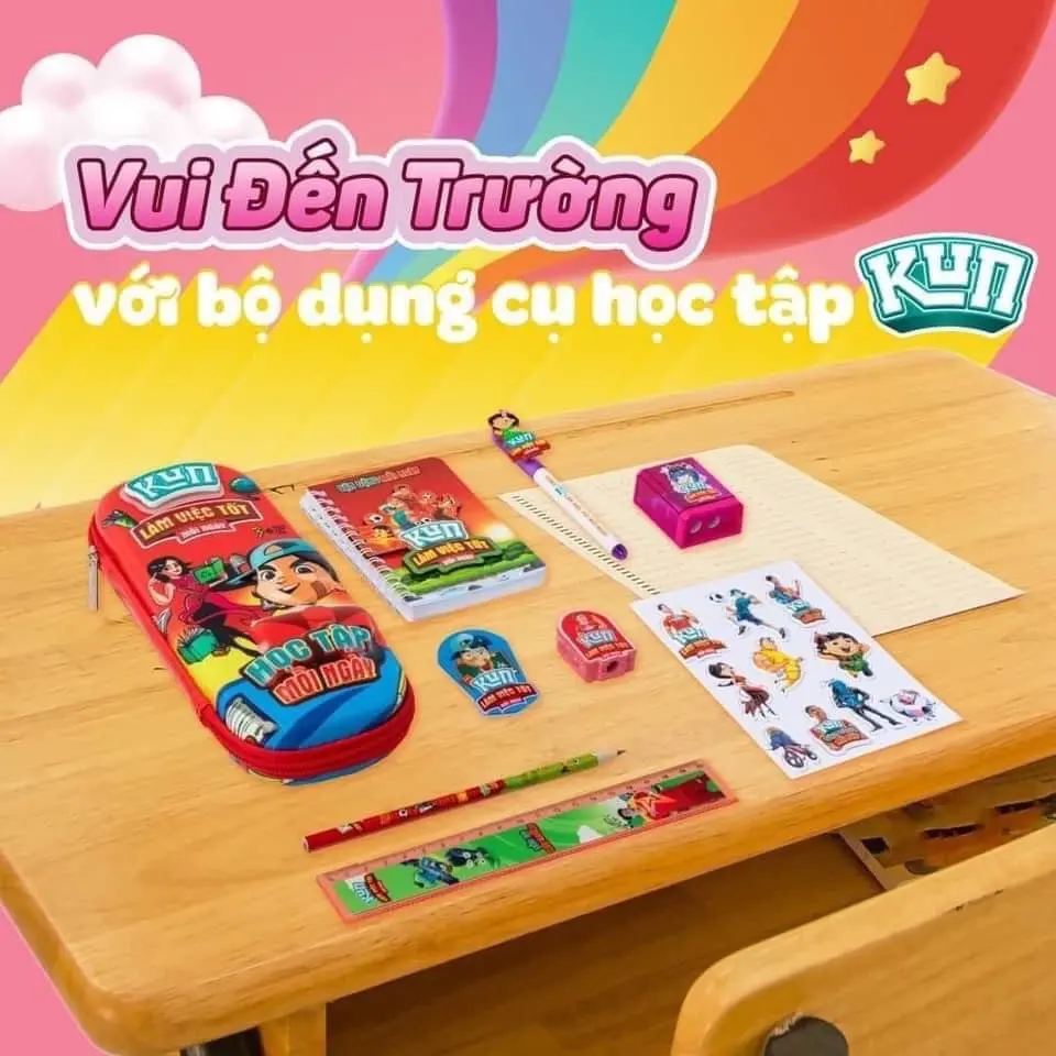 Bộ dụng cụ học tập quà tặng từ Kun 9 món in hình ngộ nghĩnh, đáng yêu cho bé