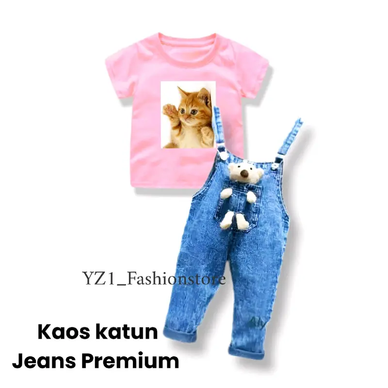 Setelan ANAK PEREMPUAN kaos gambar Kucing dan Temi KODOK anak cewek usia 1-7 tahun Nyaman Lembut Bunda 1