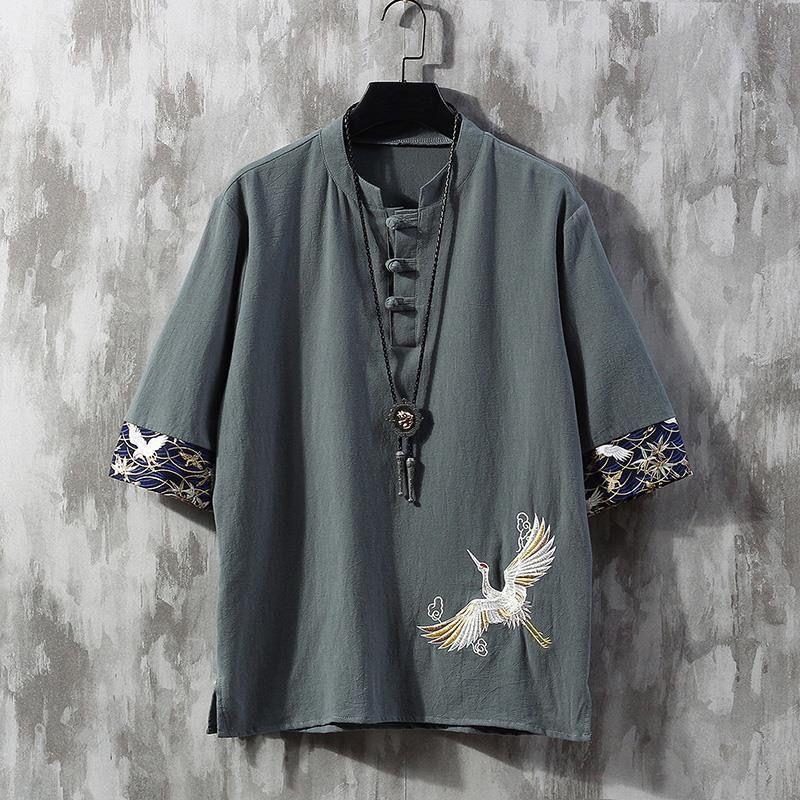 Chinese Style Men's Linen Short Sleeve T-Shirt Summer Thin Loose Plus Size Embroidered Tang Suit Half Sleeve Shirt Cotton Linen Tee 7