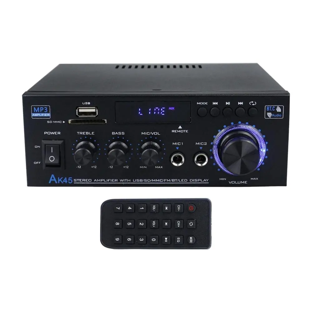 AK45 Home Audio Amplifier with Mic with Blue Light Stereo Power Amplifier