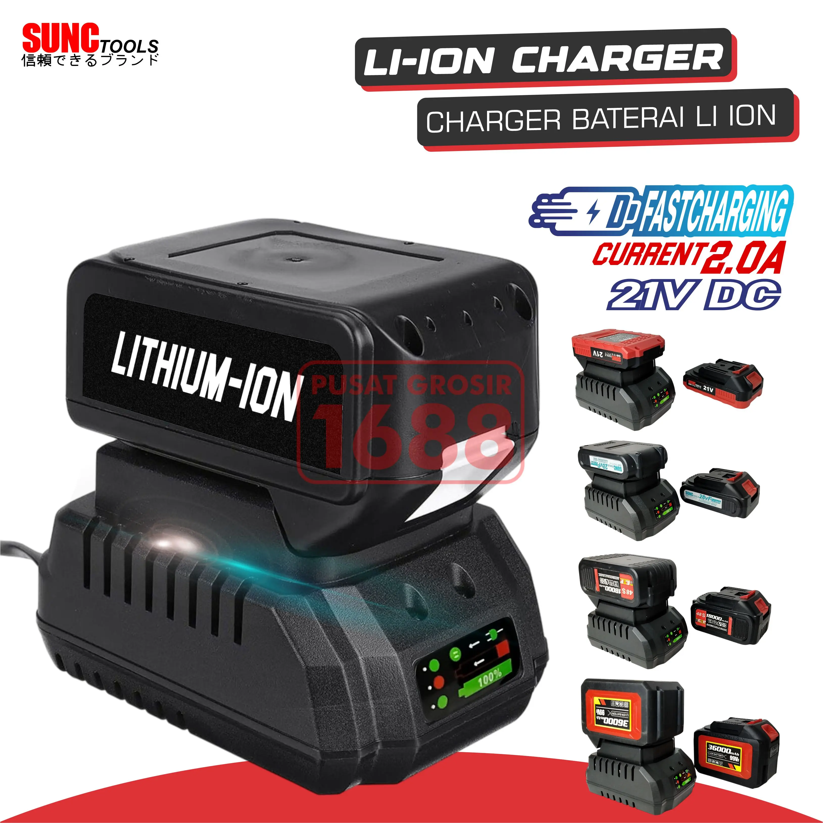 SUNC TOOLS Charger Lithium Bor 21V 48V 99V Fast Charger Adaptor Casan Cas Baterai Cordless Impact Wrench