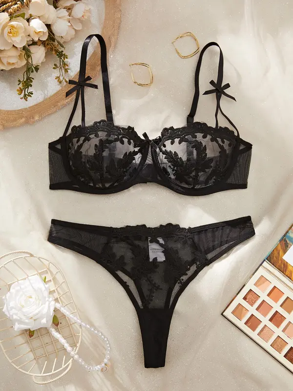 Women's Leaf Embroidery Mesh Sexy Lingerie Set, Push Up Bra & Thong Set, Soft Comfy Breathable Lingerie Set for Women 2