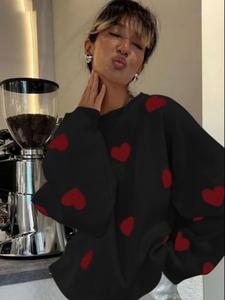 Women's Heart Print Long Sleeve Crewneck Knitting Jumper, Cute Outfits, Comfort Cozy Round Neck Sweater for Streetwear, Holiday Outfits, Lady's Knitwear Top for Spring, Women's Clothing, Sweaters for Women, Fall Outfits 2024