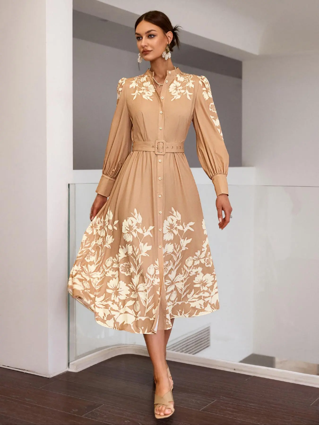 Women's Floral Print Button Belted Shirt Dress, Elegant Long Sleeve Dress for Spring & Fall, Women's Clothing for Daily Wear