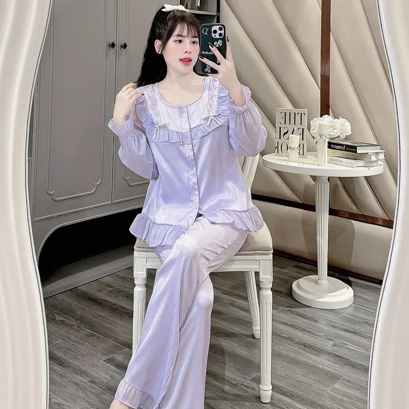 BỘ LỤA XƯỚC TAY DÀI REN NƠ Nữ 0