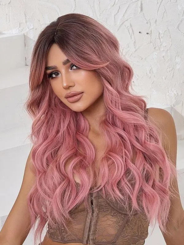 Women's Pink Long Curly Wigs, 30inch Gorgeous Fluffy Wigs with Bangs, Striking Synthetic Costume Wigs for Party & Daily Use, Anime Cosplay 0