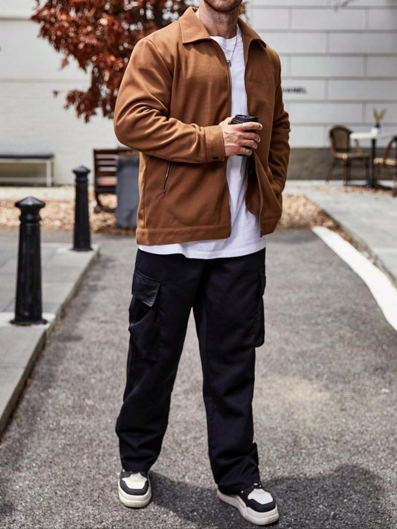 Product Introduction of 【Plus Size】 Solid Pocket Zip Up Jacket, Regular Fit Casual Long Sleeve Collared Outerwear for Fall & Winter, Men's Clothes for Daily Wear 17