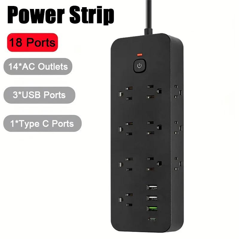 Product Introduction of 14AC Outlets Power Strip Multiprise Extension Cord 3 USB 1 PD Fast Charger US Plug Electrical Socket Network Filter Adapter 1